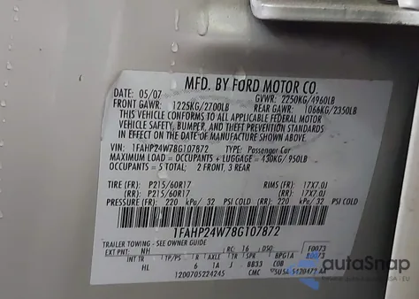 2008 Ford Taurus Sel from USA, damaged, VIN 1FAHP24W78G107872